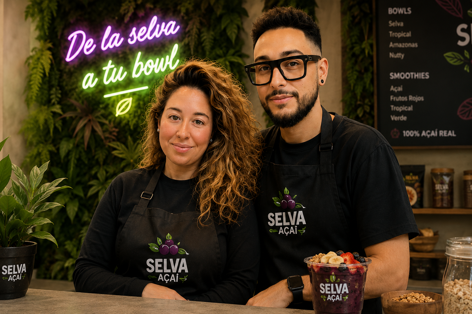 Los dos fundadores de Selva Açaí, detrás del mostrador de su local
