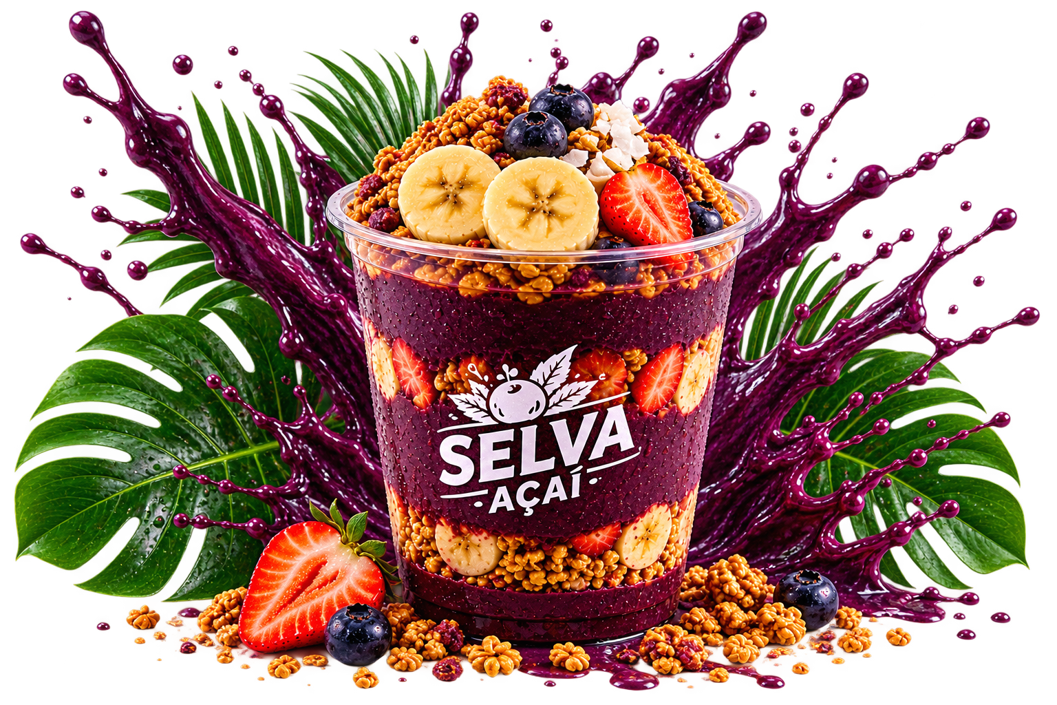Vaso Selva Açaí con capas de açaí, granola y fruta, hojas tropicales y splash de açaí