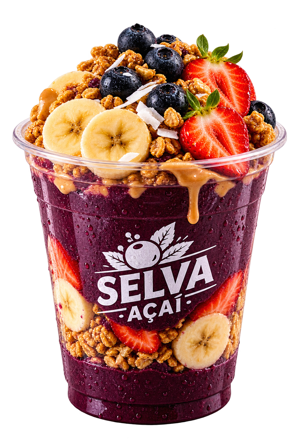 Vaso Selva Açaí mostrando las capas de açaí, fruta y granola