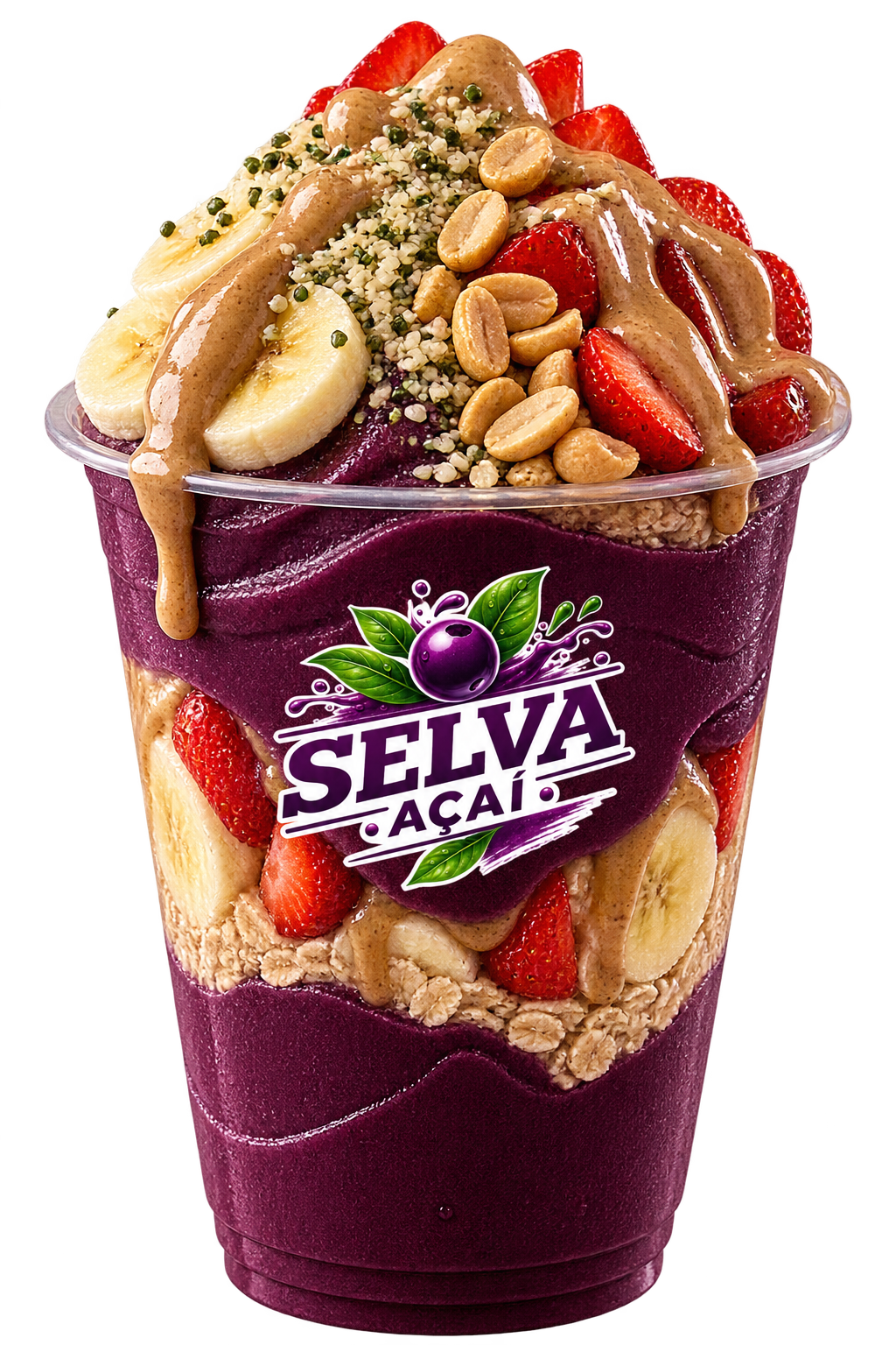 Vaso Power con açaí, avena, plátano, fresa y crema de almendra